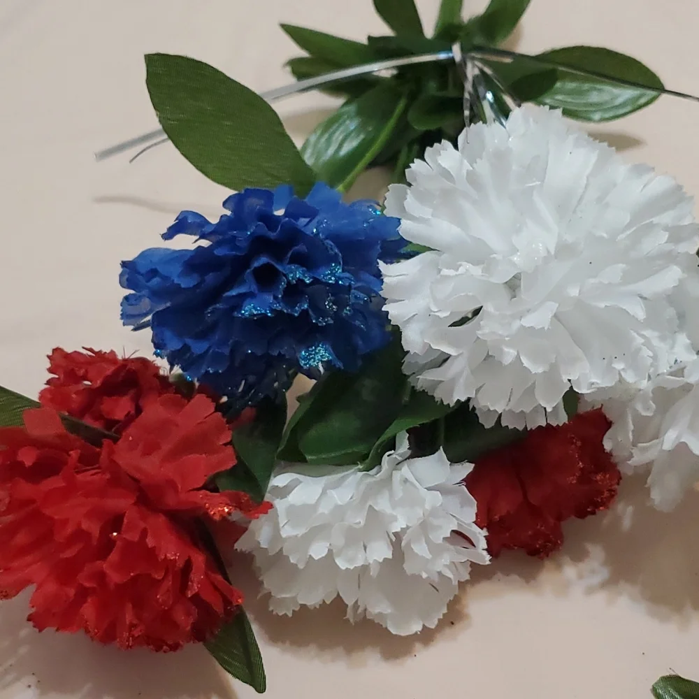 3 Faux Carnations with Silver Decor Bushes